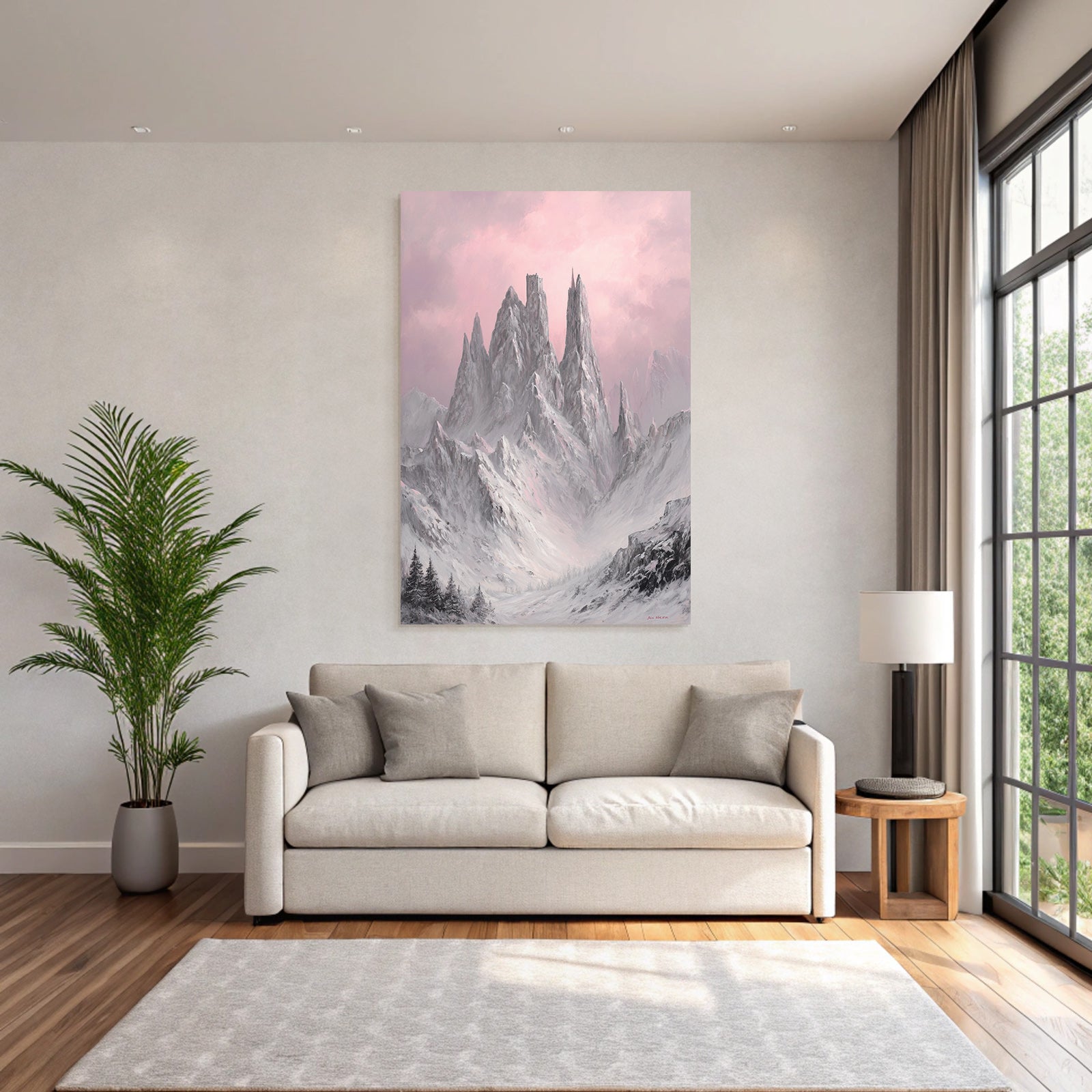 Bergschloss In Rosaroter Winterlandschaft
