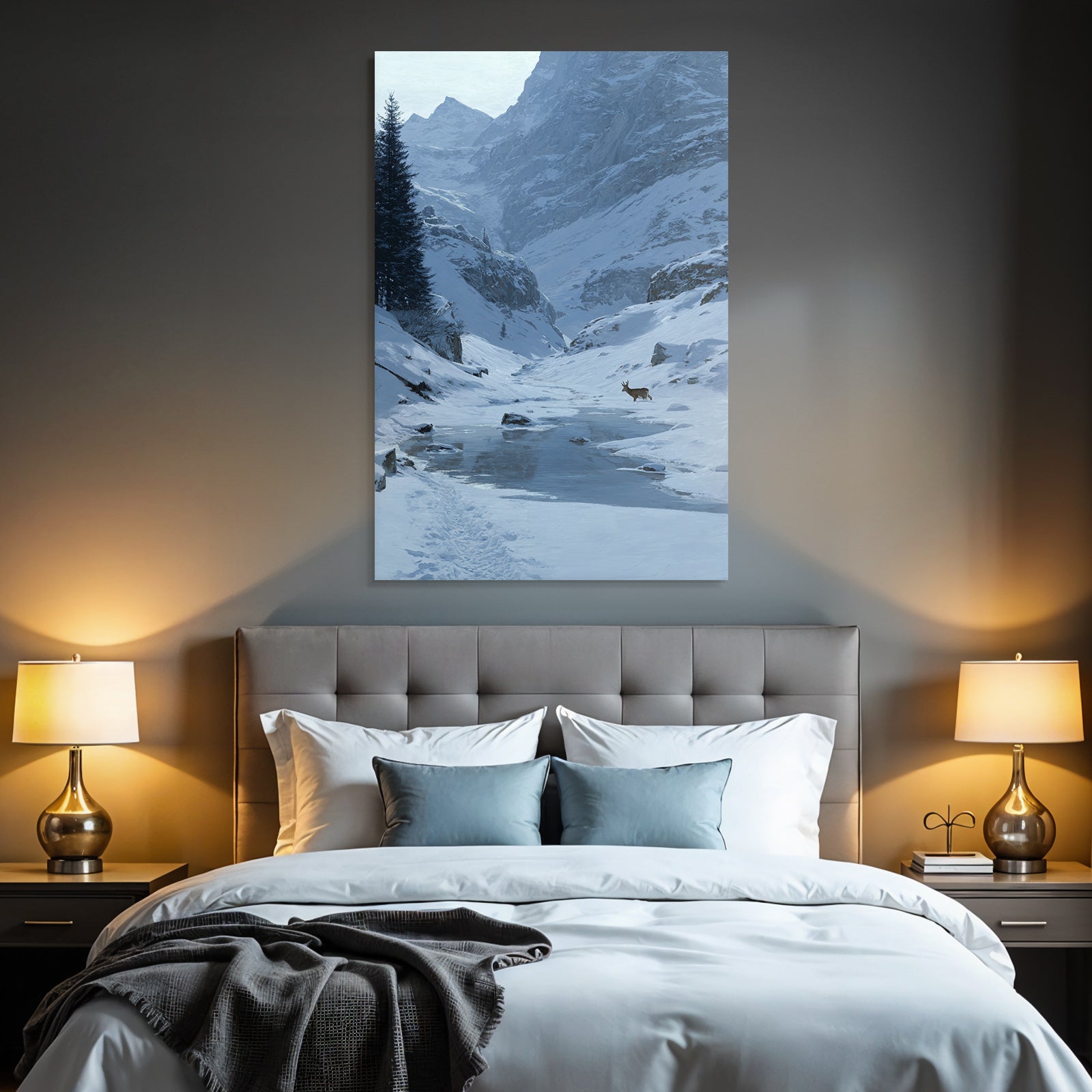Friedliche Winterlandschaft Mit Hirsch Am Bachufer