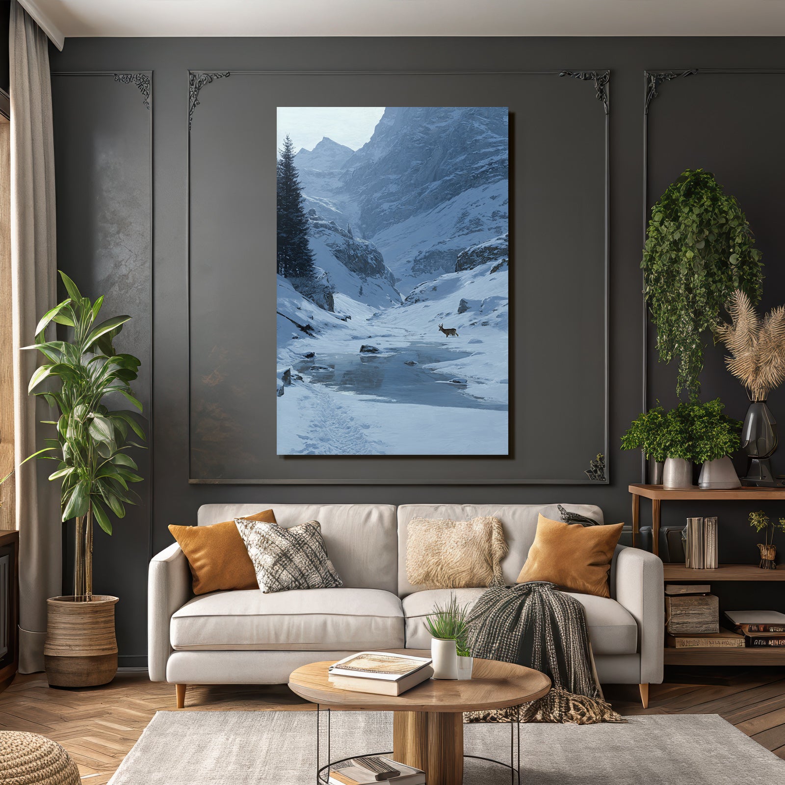Friedliche Winterlandschaft Mit Hirsch Am Bachufer