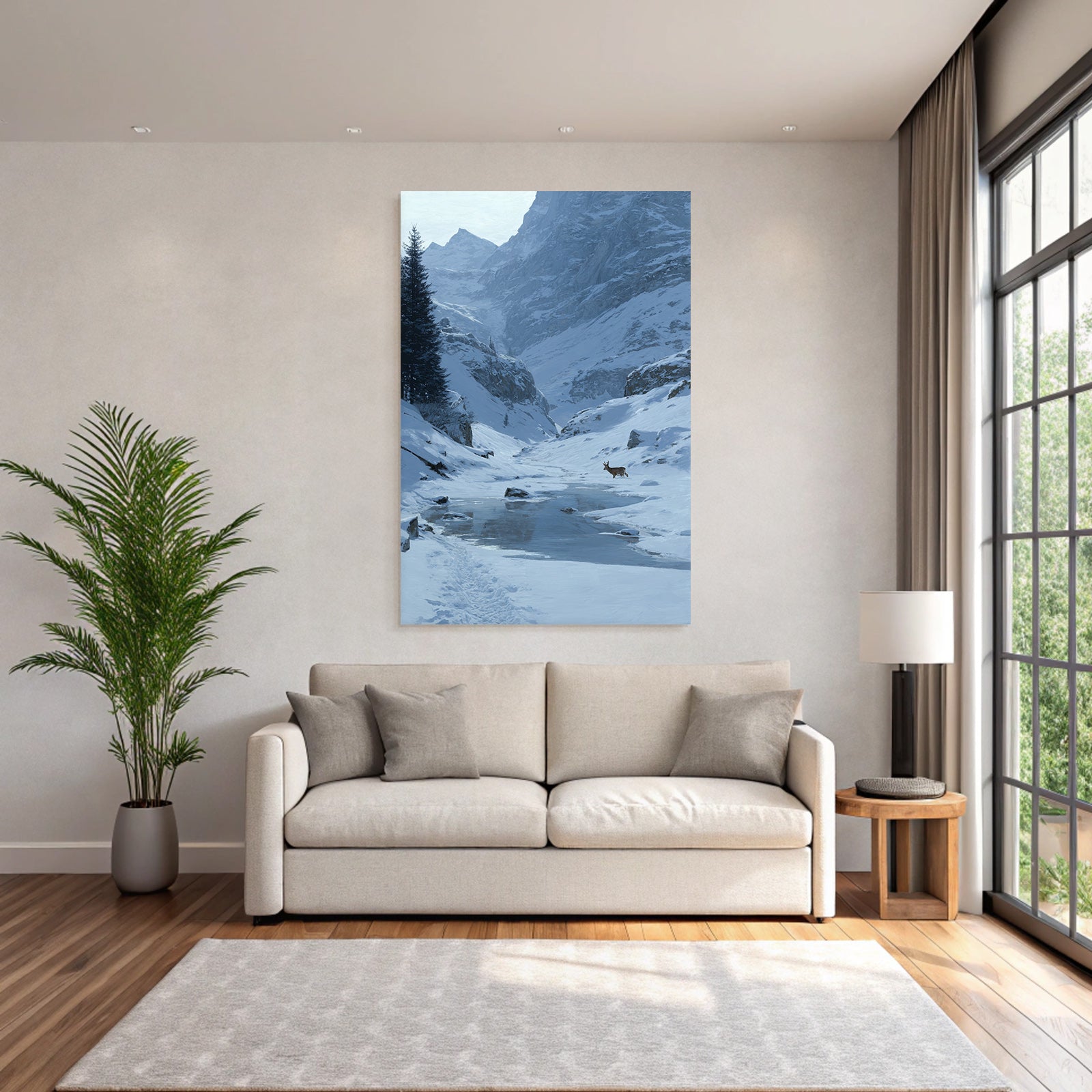 Friedliche Winterlandschaft Mit Hirsch Am Bachufer