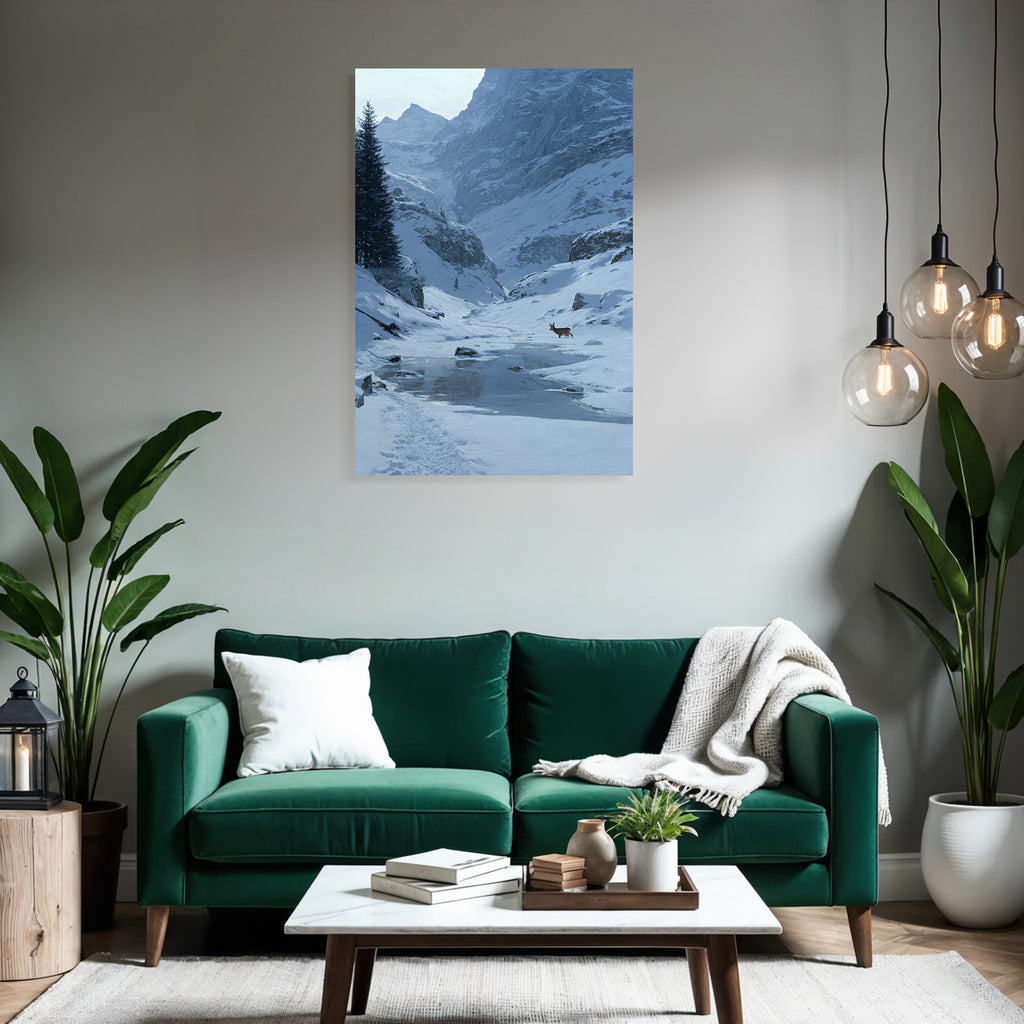 Friedliche Winterlandschaft Mit Hirsch Am Bachufer