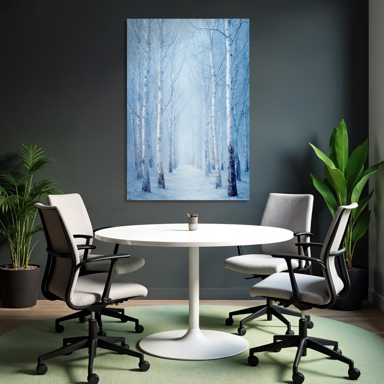 Friedlicher Verschneiter Winterwaldpfad Mit Birken