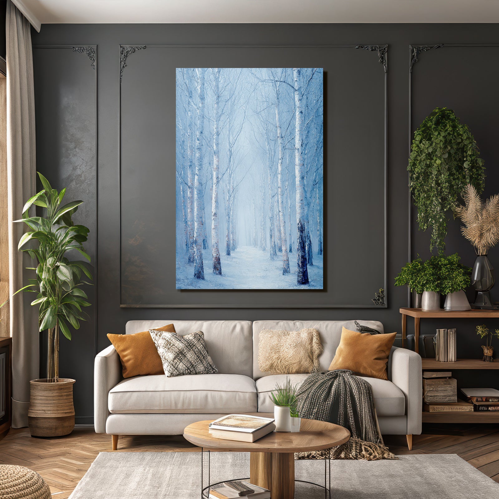 Friedlicher Verschneiter Winterwaldpfad Mit Birken