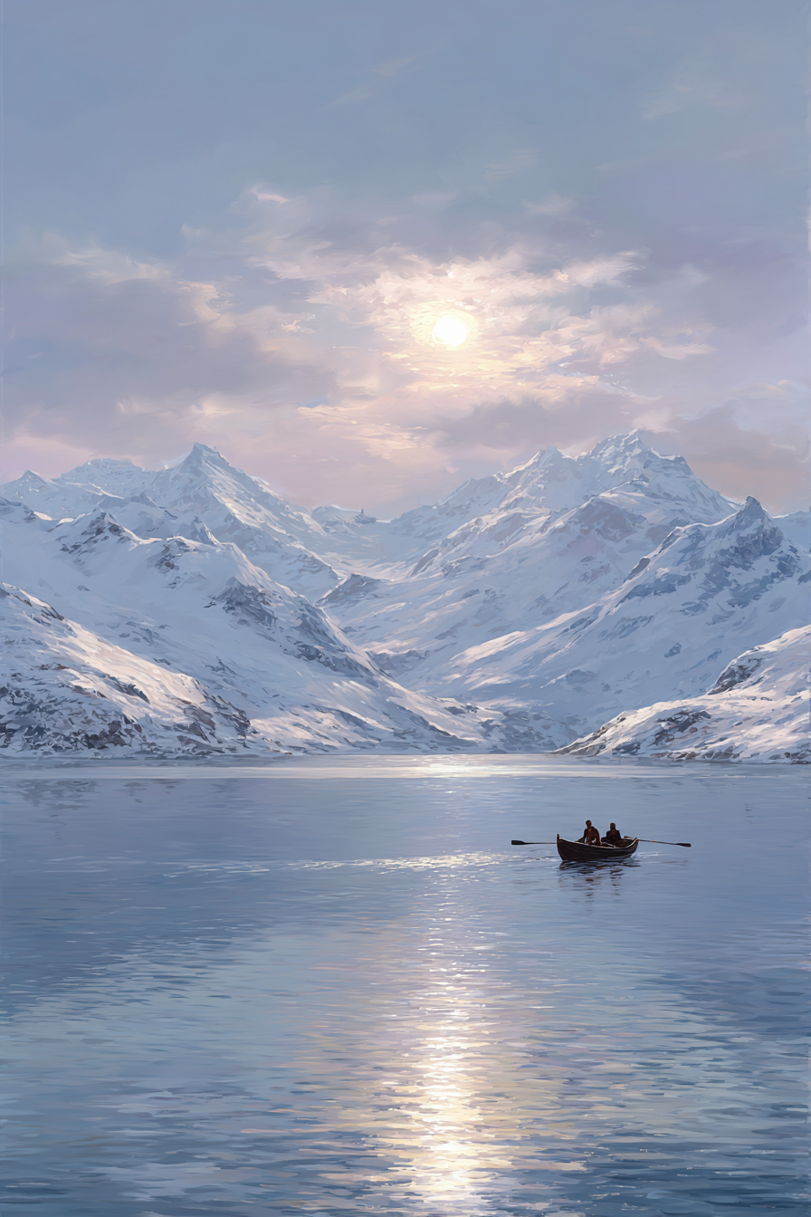Pastellhimmel Ruhiger Bergsee Mit Ruderboot | Eis und Schnee | Natur