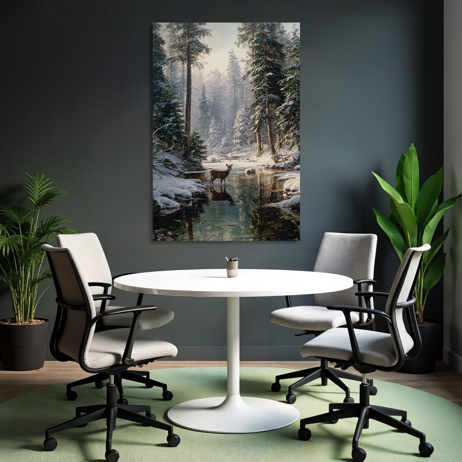Ruhige Winterlandschaft Mit Einem Hirsch Im Wasser
