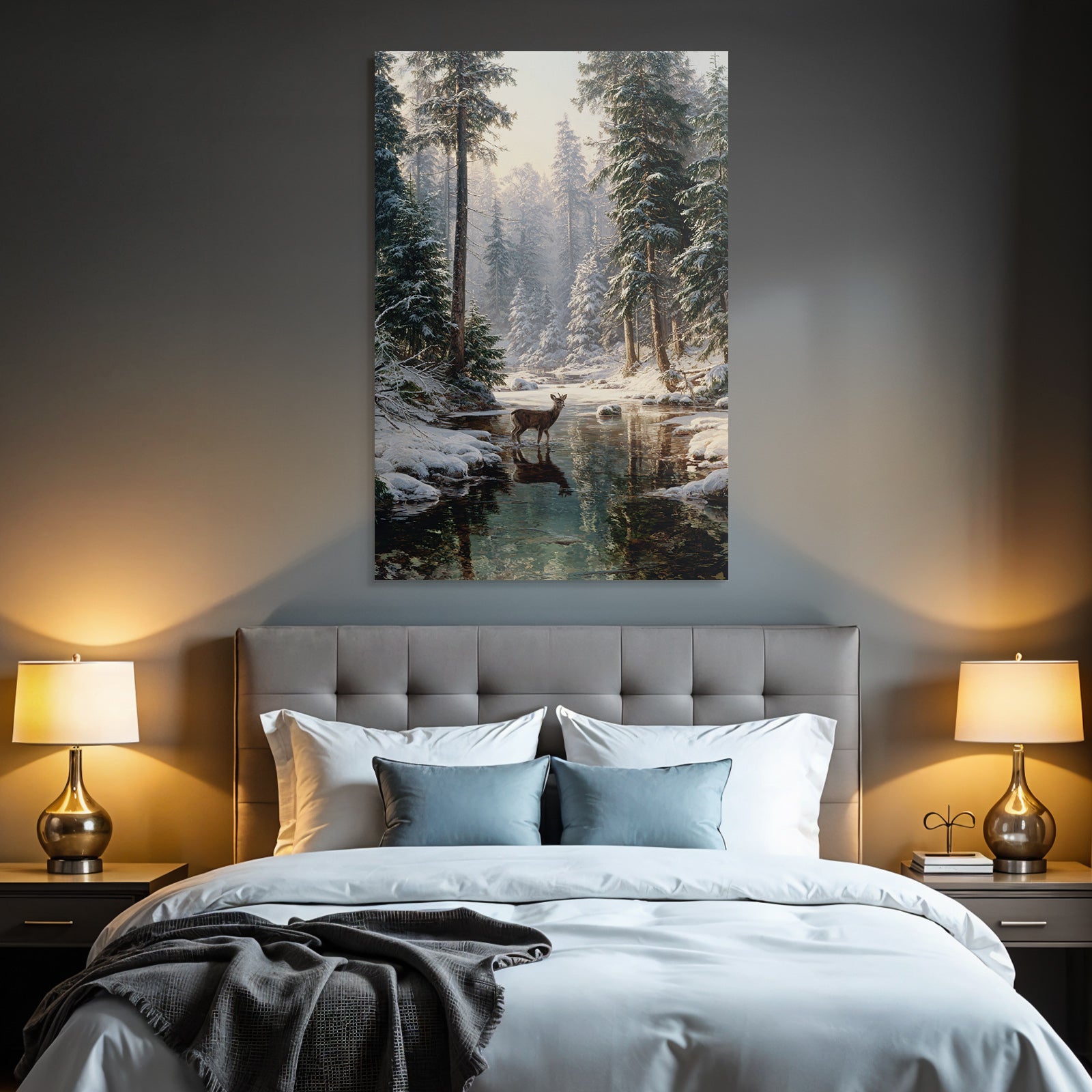 Ruhige Winterlandschaft Mit Einem Hirsch Im Wasser