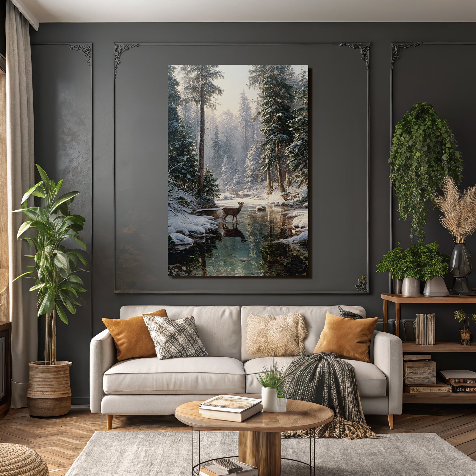 Ruhige Winterlandschaft Mit Einem Hirsch Im Wasser