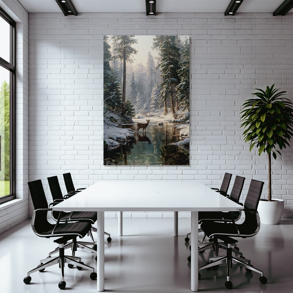 Ruhige Winterlandschaft Mit Einem Hirsch Im Wasser