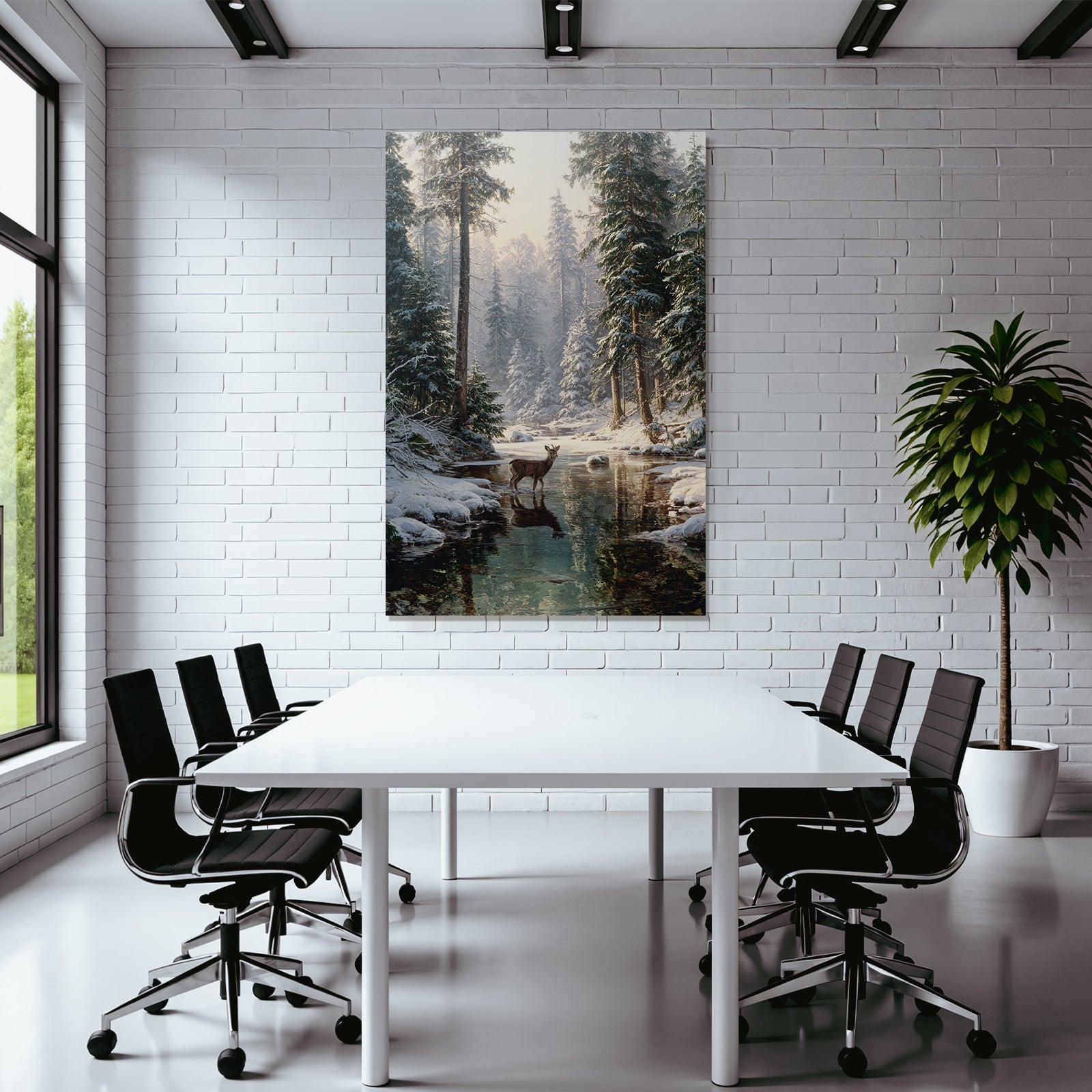 Ruhige Winterlandschaft Mit Einem Hirsch Im Wasser