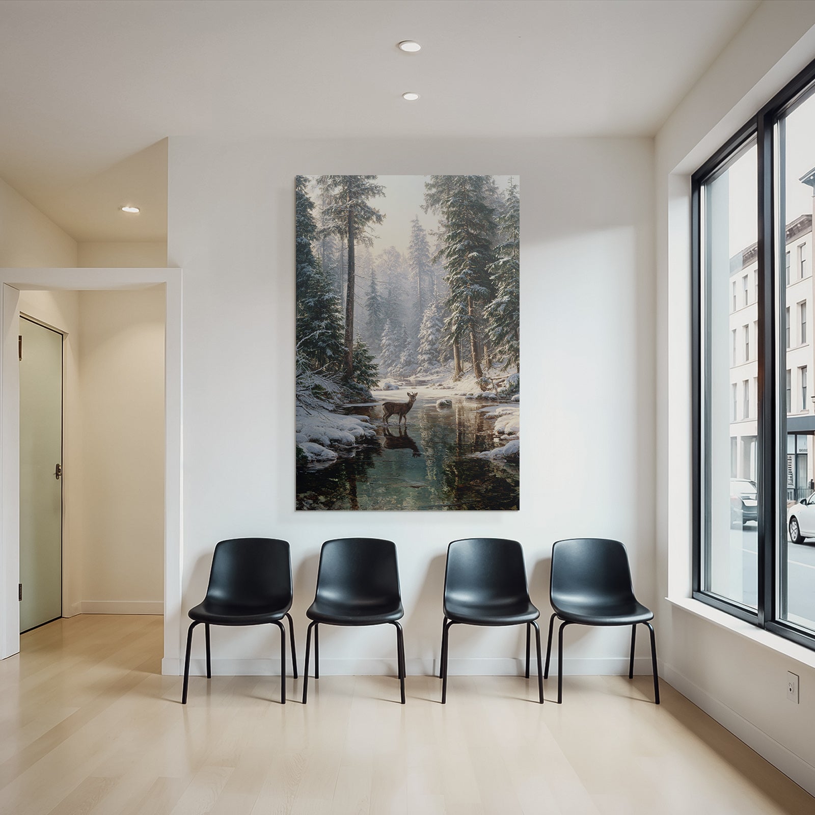 Ruhige Winterlandschaft Mit Einem Hirsch Im Wasser