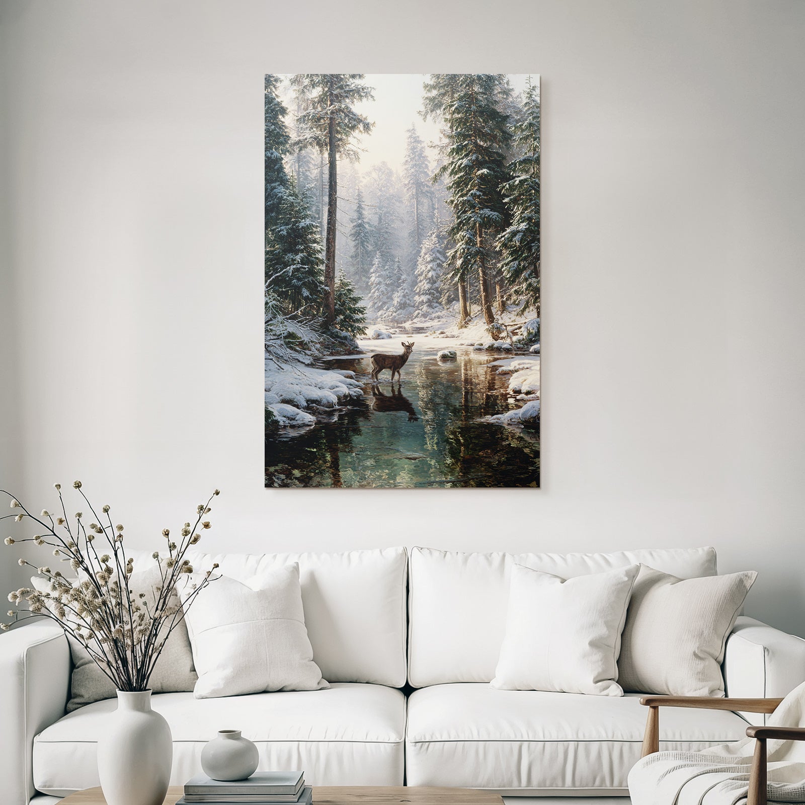Ruhige Winterlandschaft Mit Einem Hirsch Im Wasser