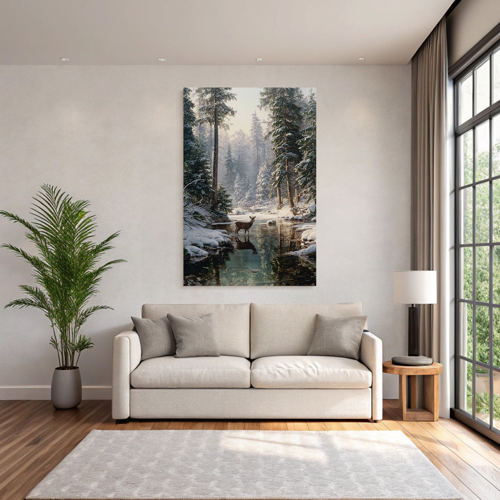 Ruhige Winterlandschaft Mit Einem Hirsch Im Wasser