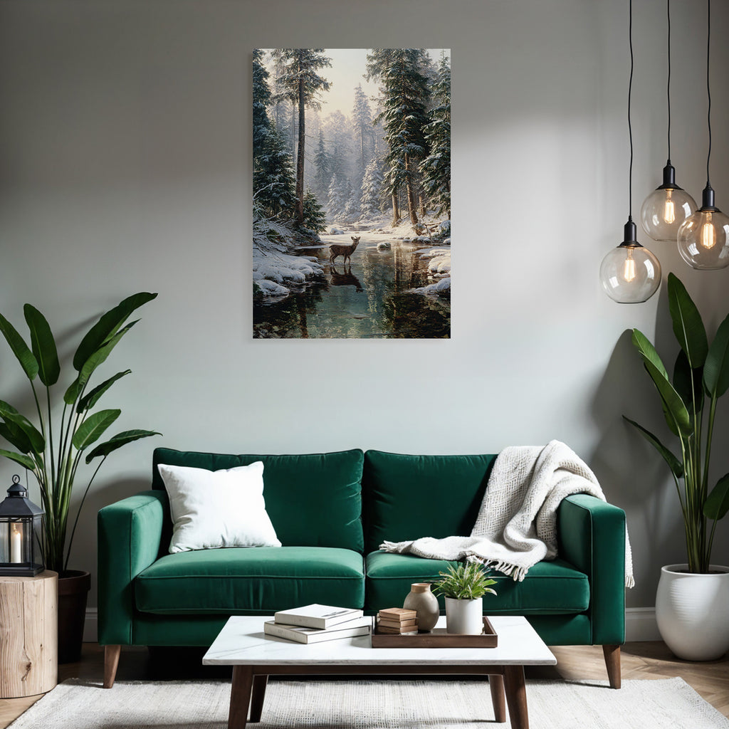 Ruhige Winterlandschaft Mit Einem Hirsch Im Wasser