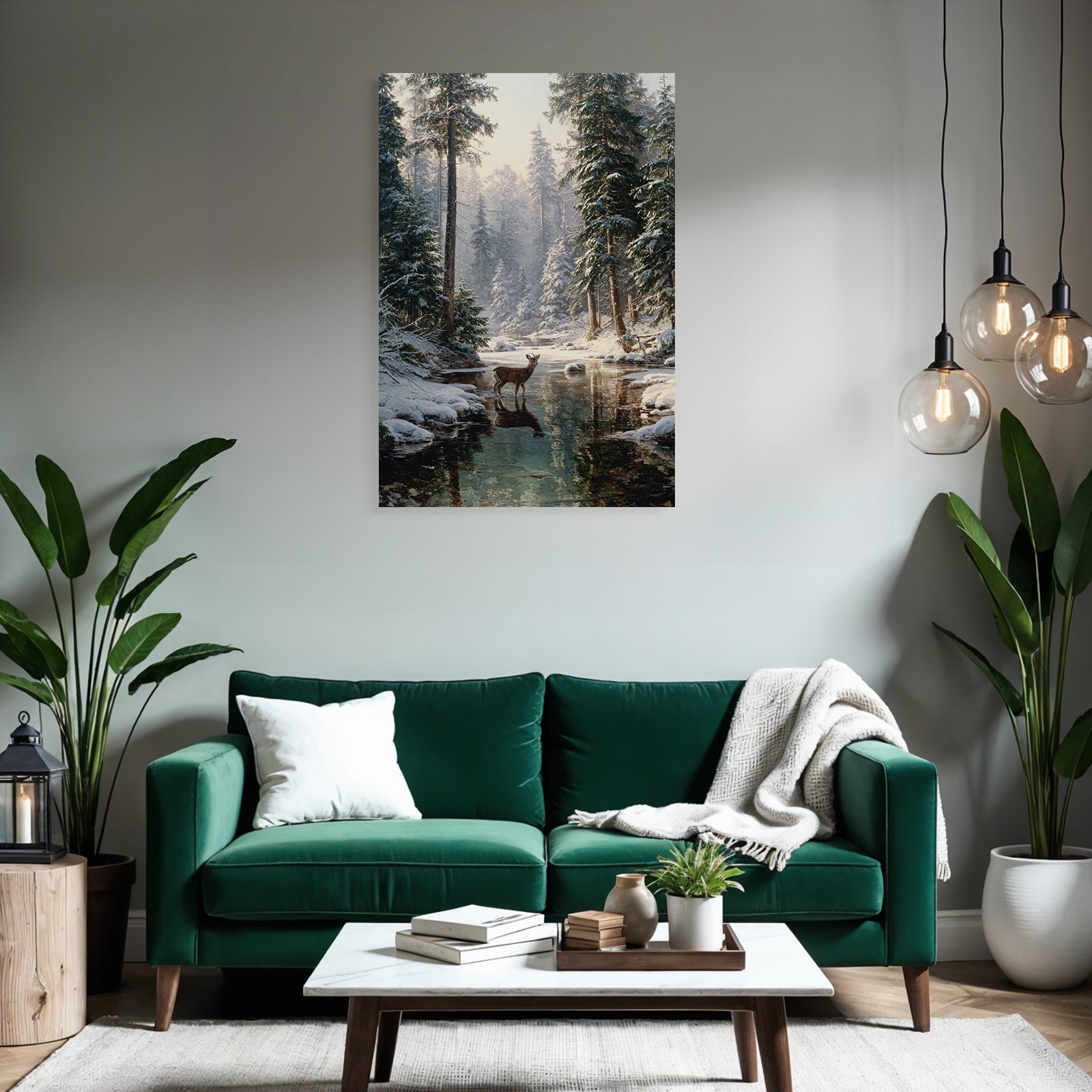 Ruhige Winterlandschaft Mit Einem Hirsch Im Wasser