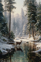 Ruhige Winterlandschaft Mit Einem Hirsch Im Wasser | Eis und Schnee | Natur