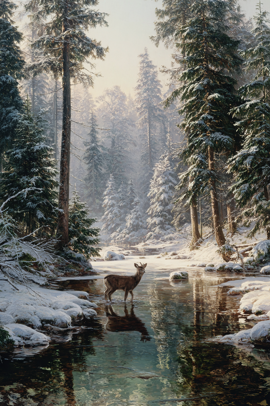 Ruhige Winterlandschaft Mit Einem Hirsch Im Wasser | Eis und Schnee | Natur