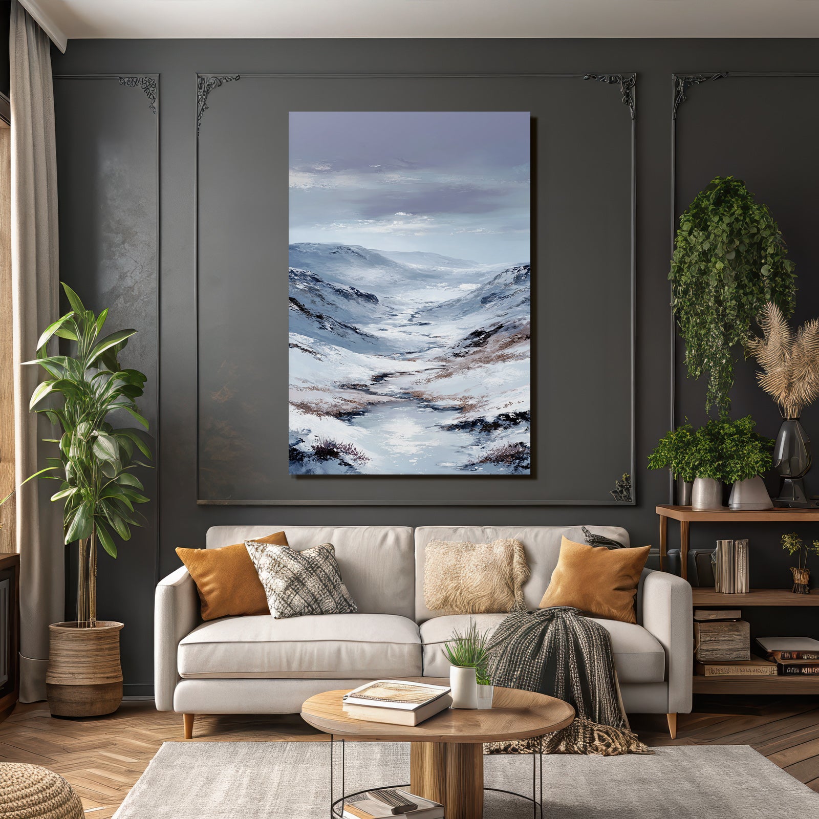 Schneebedeckte Berglandschaft Mit Windendem Fluss