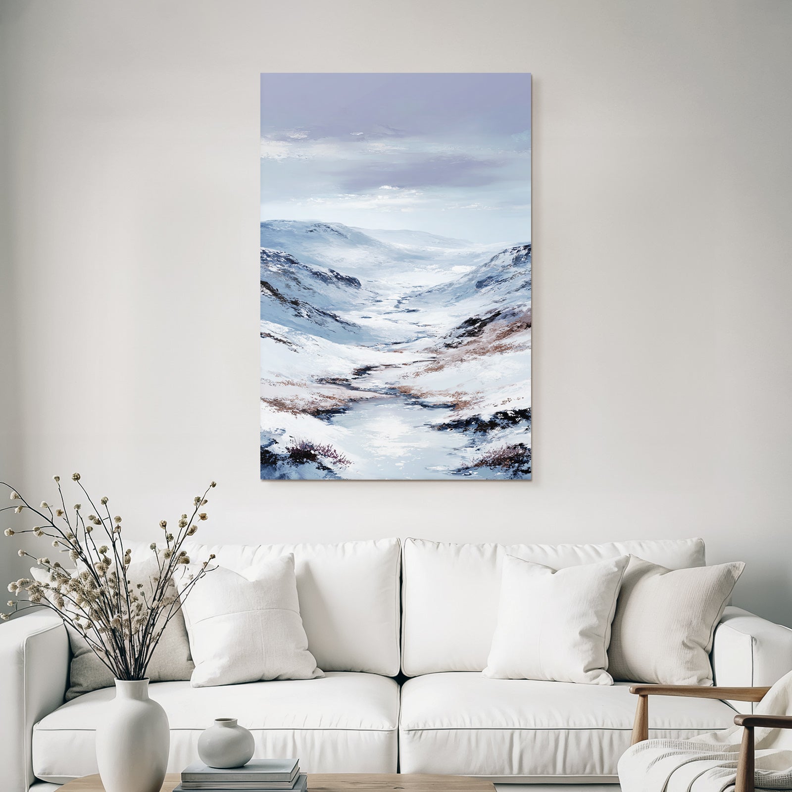 Schneebedeckte Berglandschaft Mit Windendem Fluss