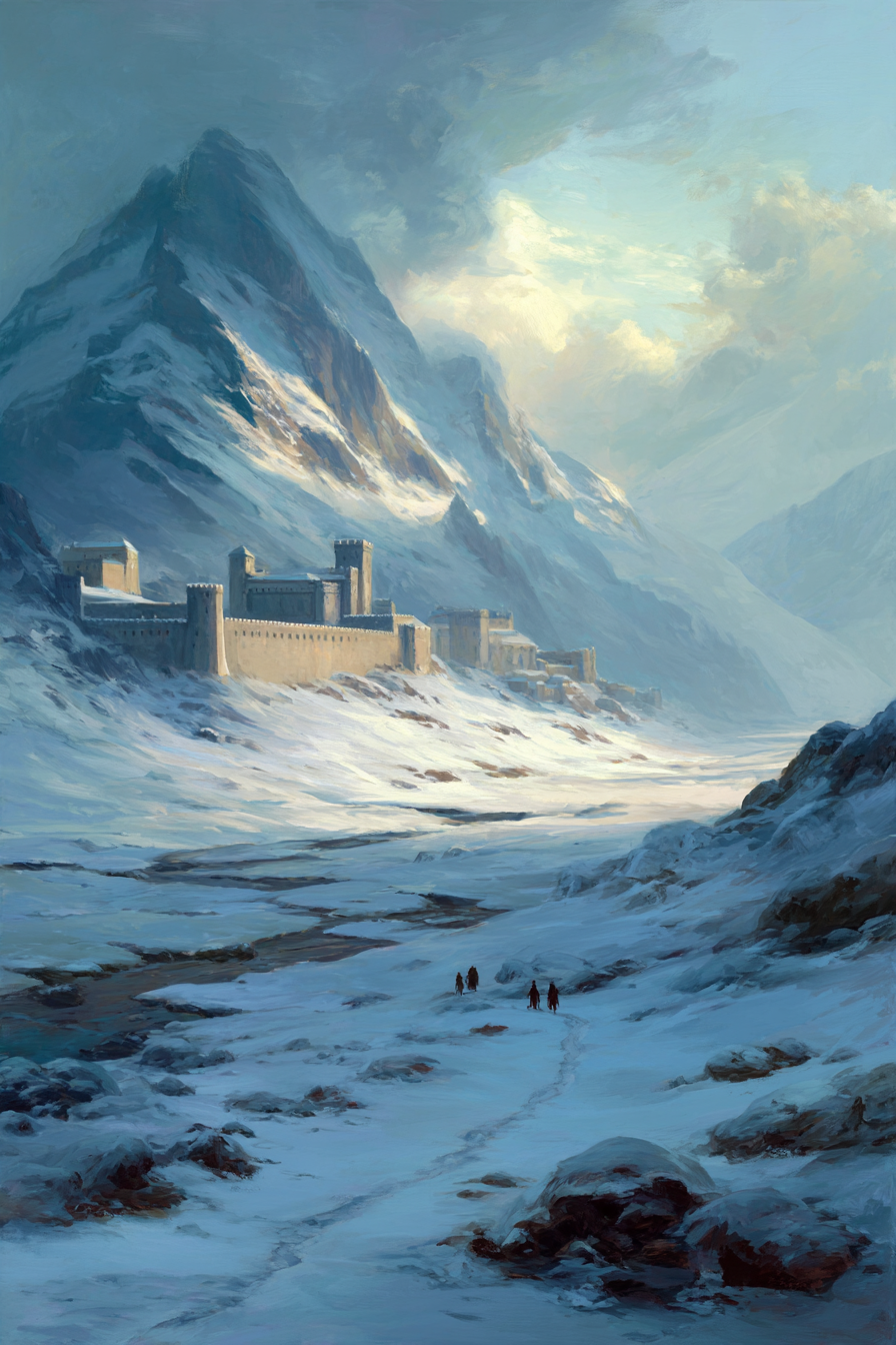 Schneelandschaft Mit Burg Und Gebirge | Eis und Schnee | Natur