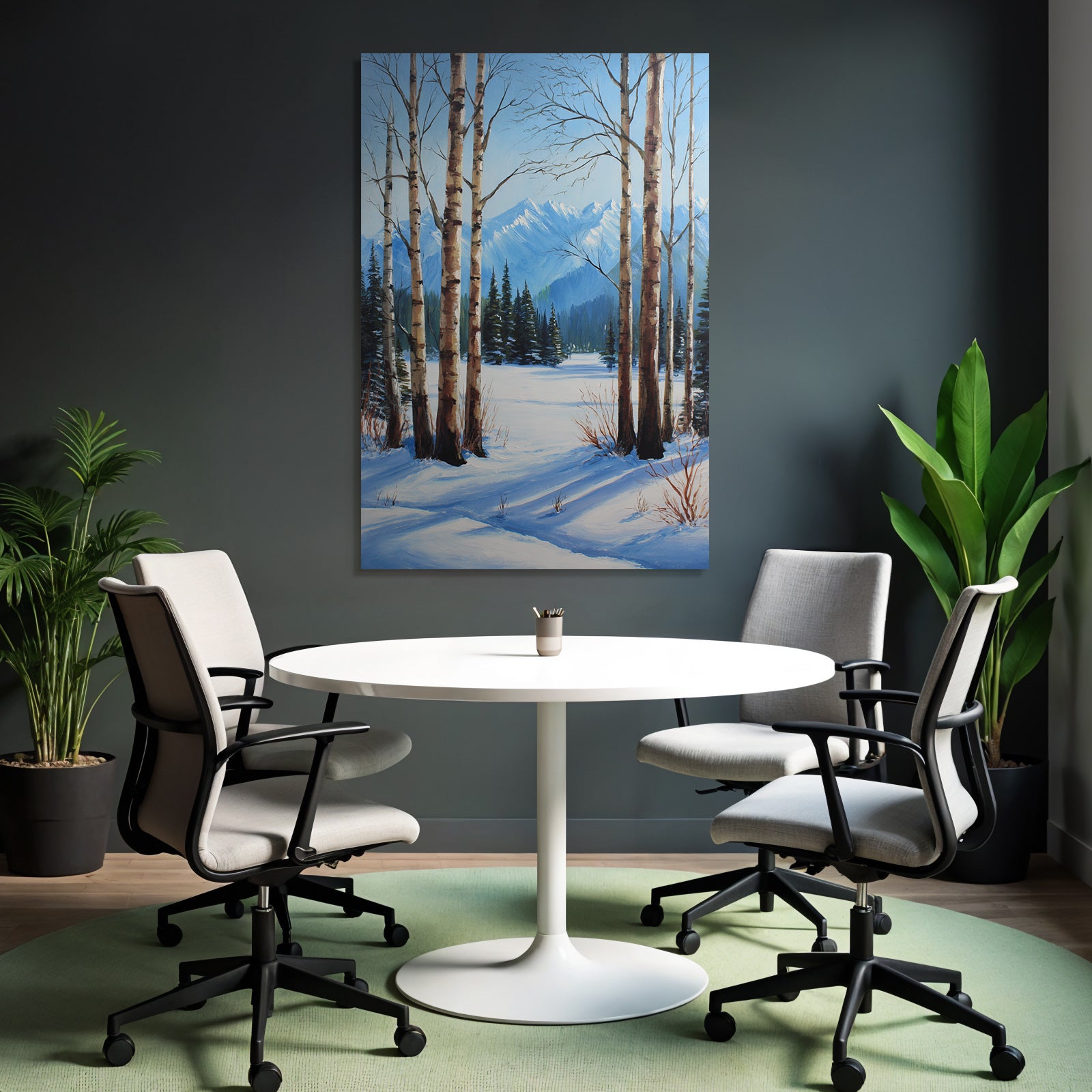Winterlandschaft Mit Birken Und Schneebedeckten Bergen