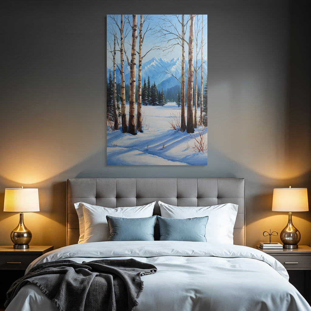 Winterlandschaft Mit Birken Und Schneebedeckten Bergen