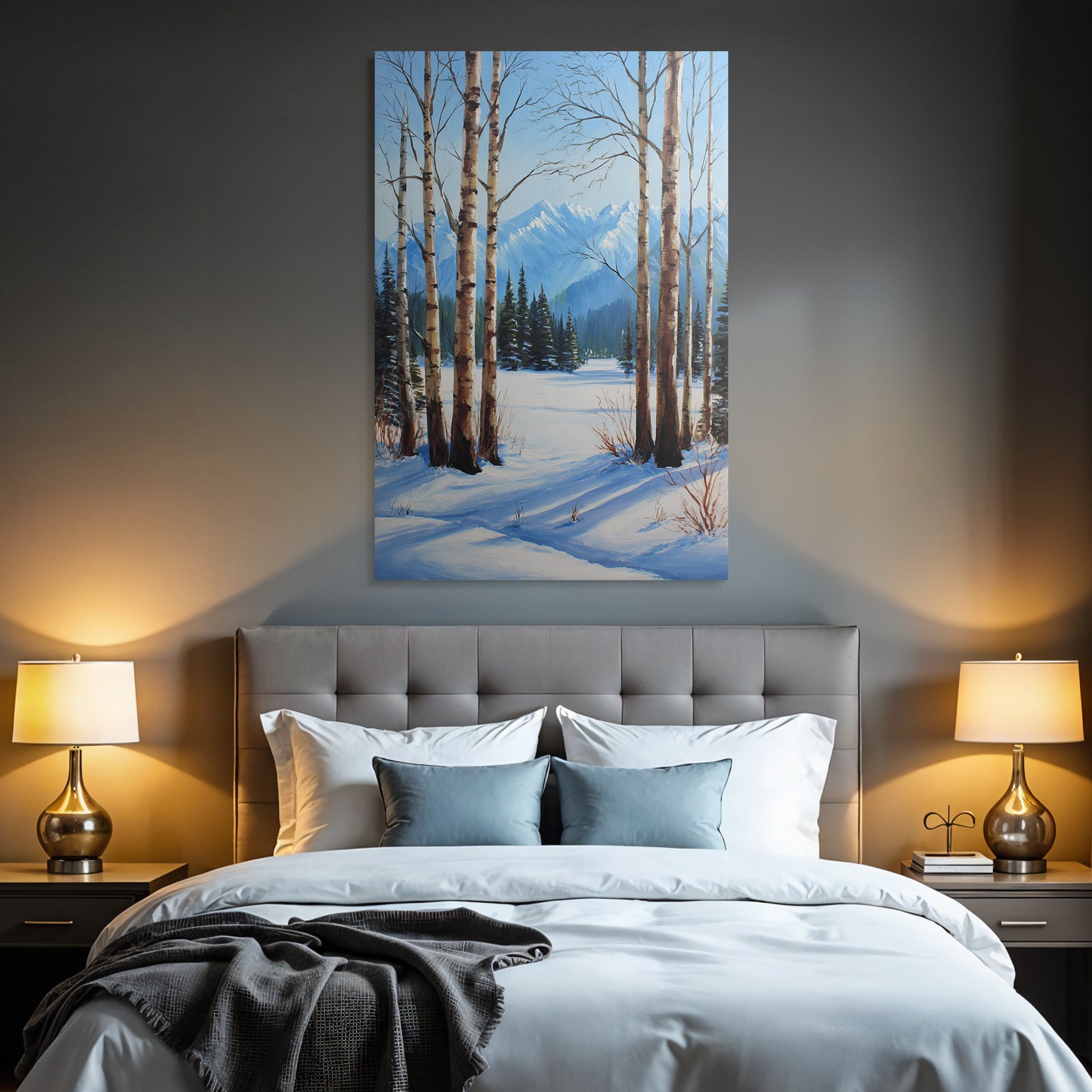 Winterlandschaft Mit Birken Und Schneebedeckten Bergen