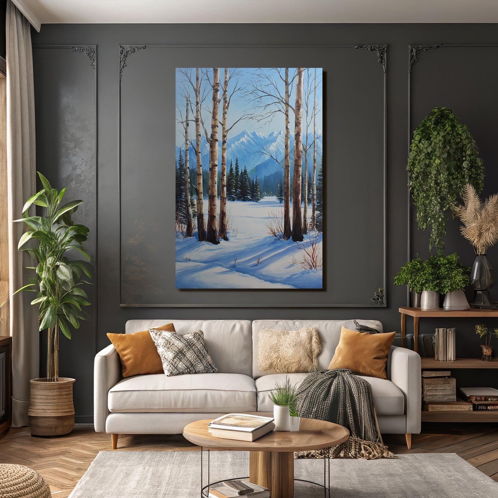 Winterlandschaft Mit Birken Und Schneebedeckten Bergen