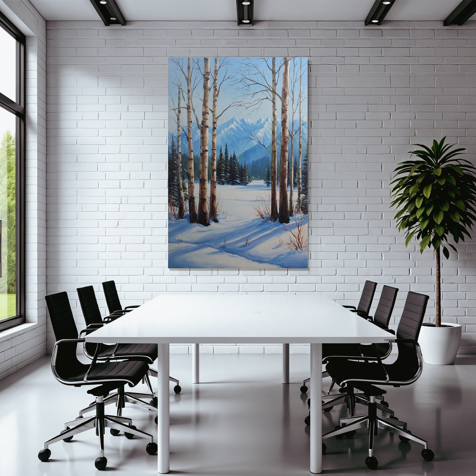 Winterlandschaft Mit Birken Und Schneebedeckten Bergen