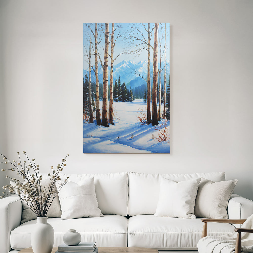 Winterlandschaft Mit Birken Und Schneebedeckten Bergen