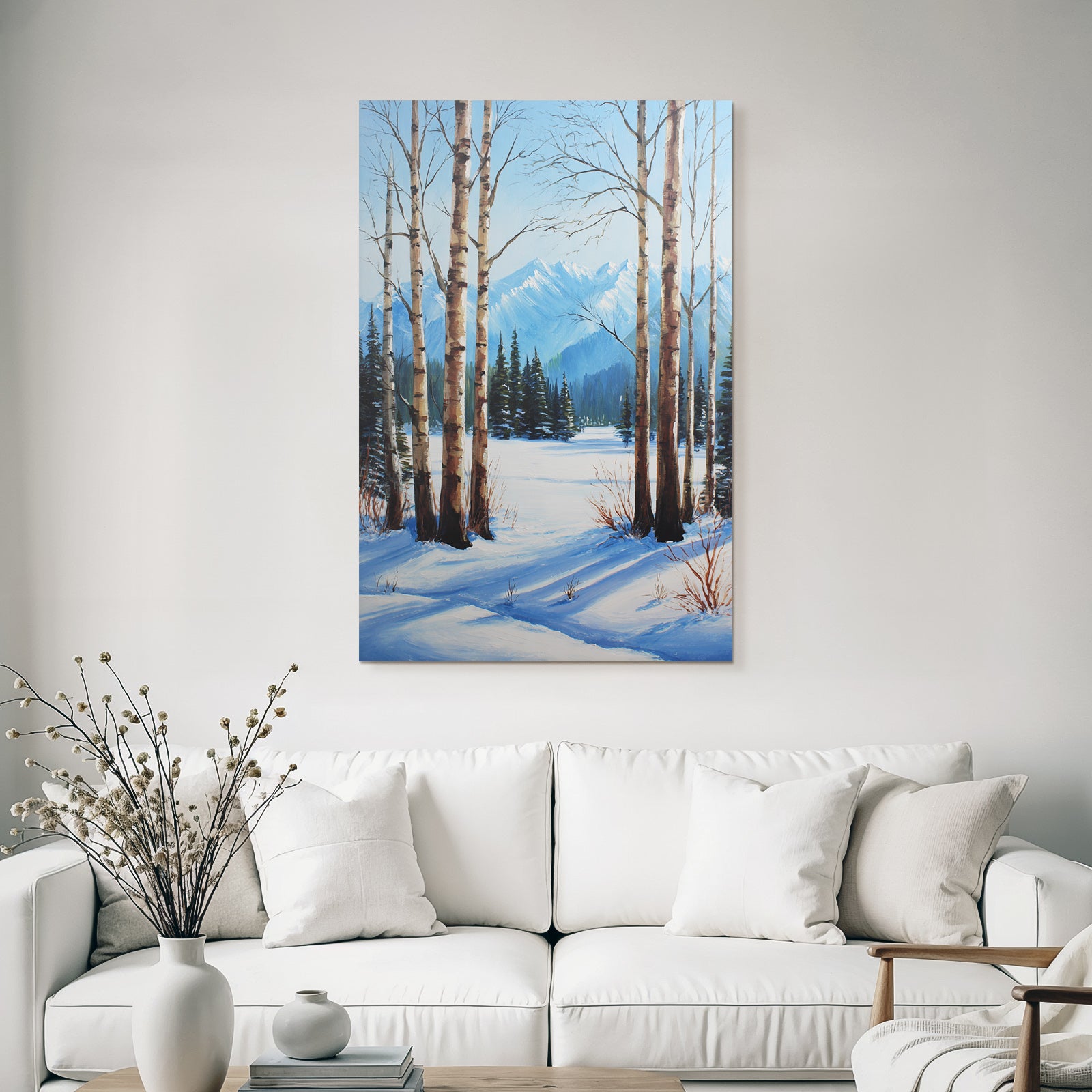 Winterlandschaft Mit Birken Und Schneebedeckten Bergen