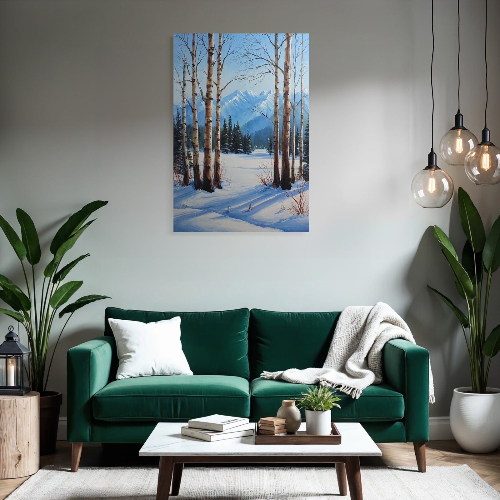Winterlandschaft Mit Birken Und Schneebedeckten Bergen