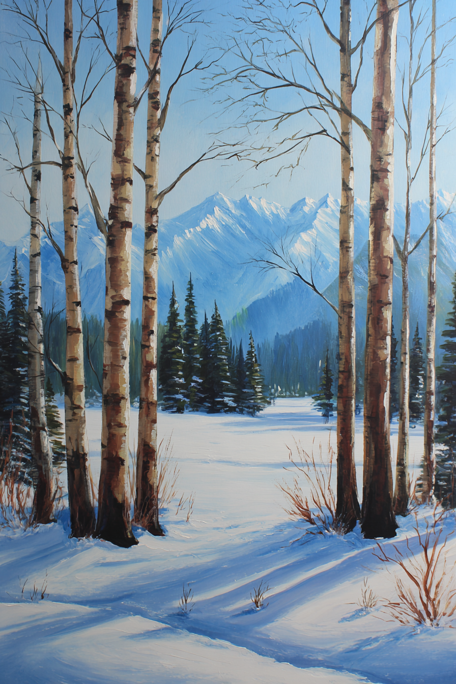 Winterlandschaft Mit Birken Und Schneebedeckten Bergen | Eis und Schnee | Natur