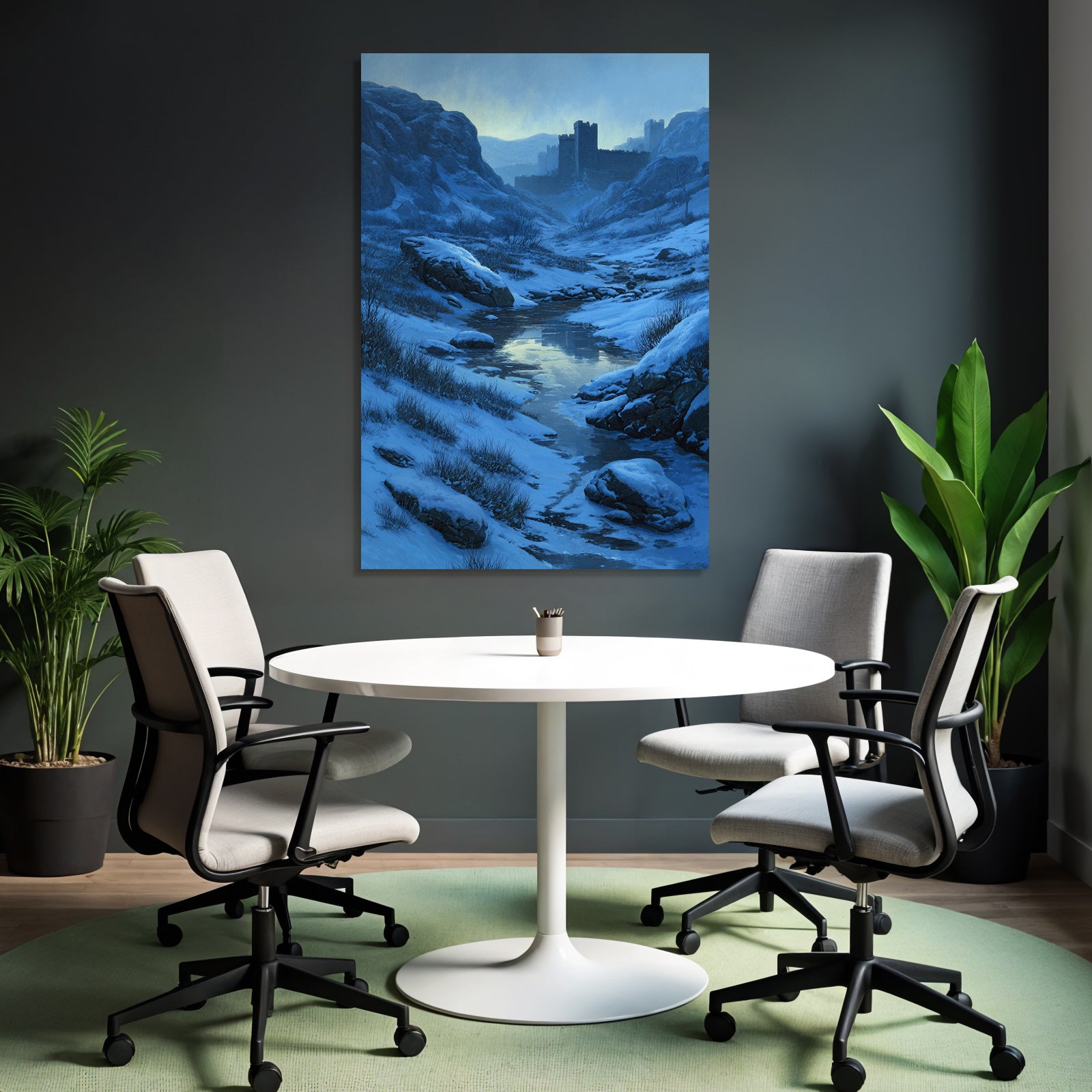 Winterlandschaft Mit Burg Am Vereisten Bachlauf