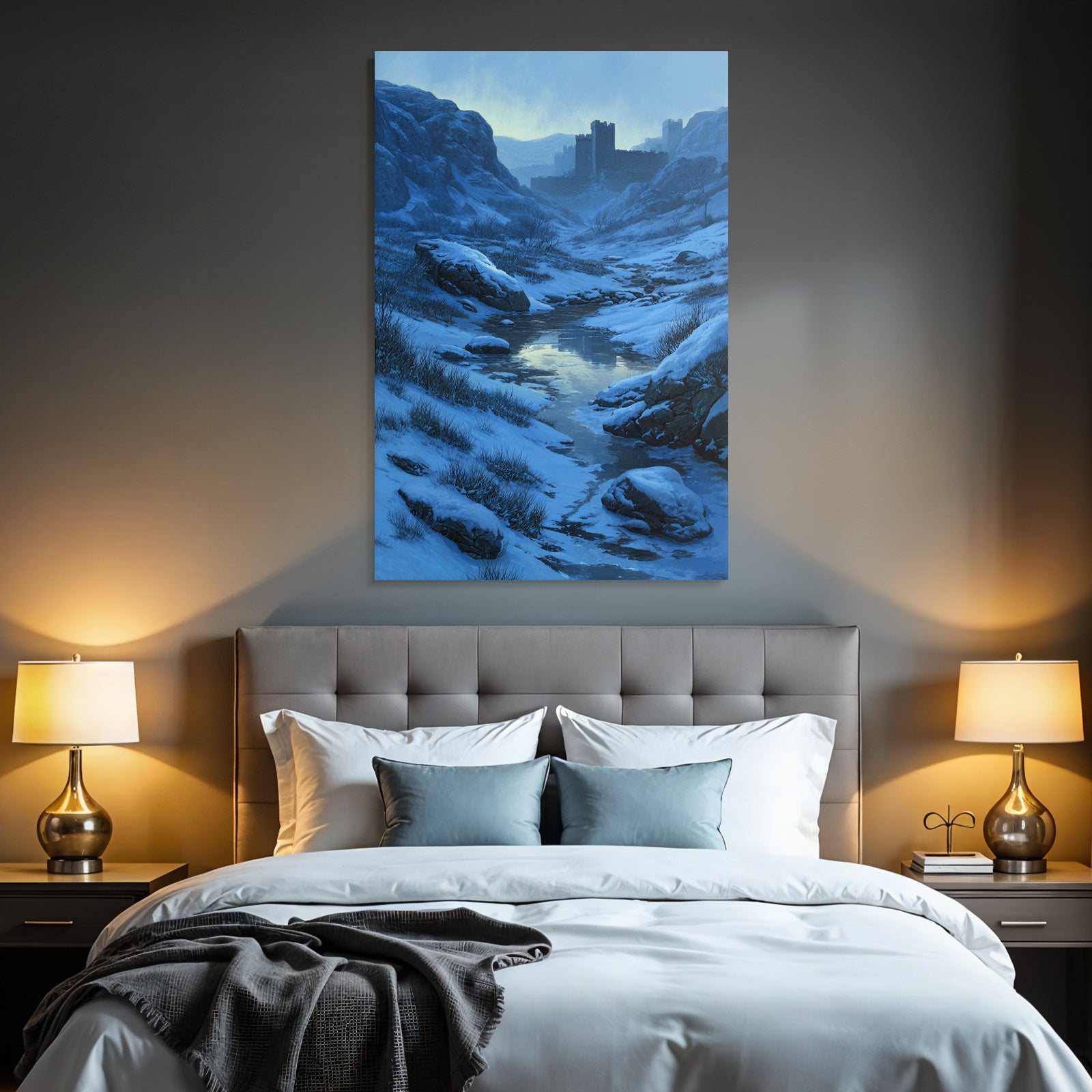 Winterlandschaft Mit Burg Am Vereisten Bachlauf