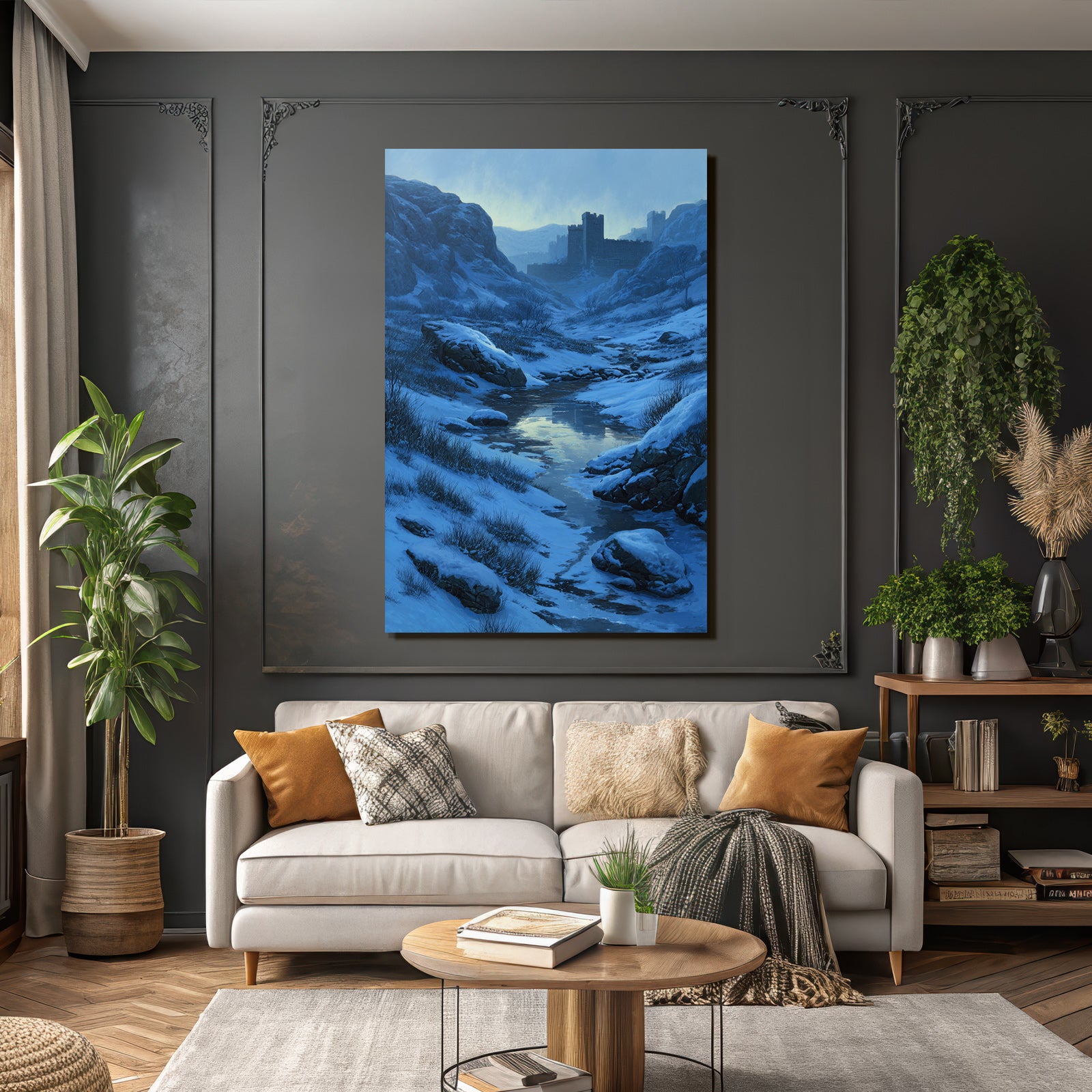 Winterlandschaft Mit Burg Am Vereisten Bachlauf