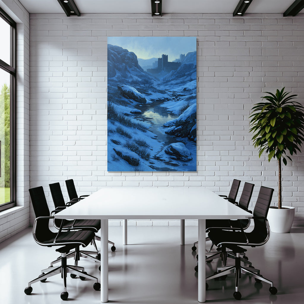 Winterlandschaft Mit Burg Am Vereisten Bachlauf
