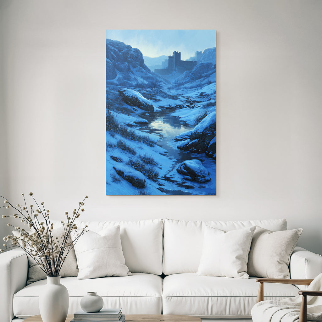 Winterlandschaft Mit Burg Am Vereisten Bachlauf