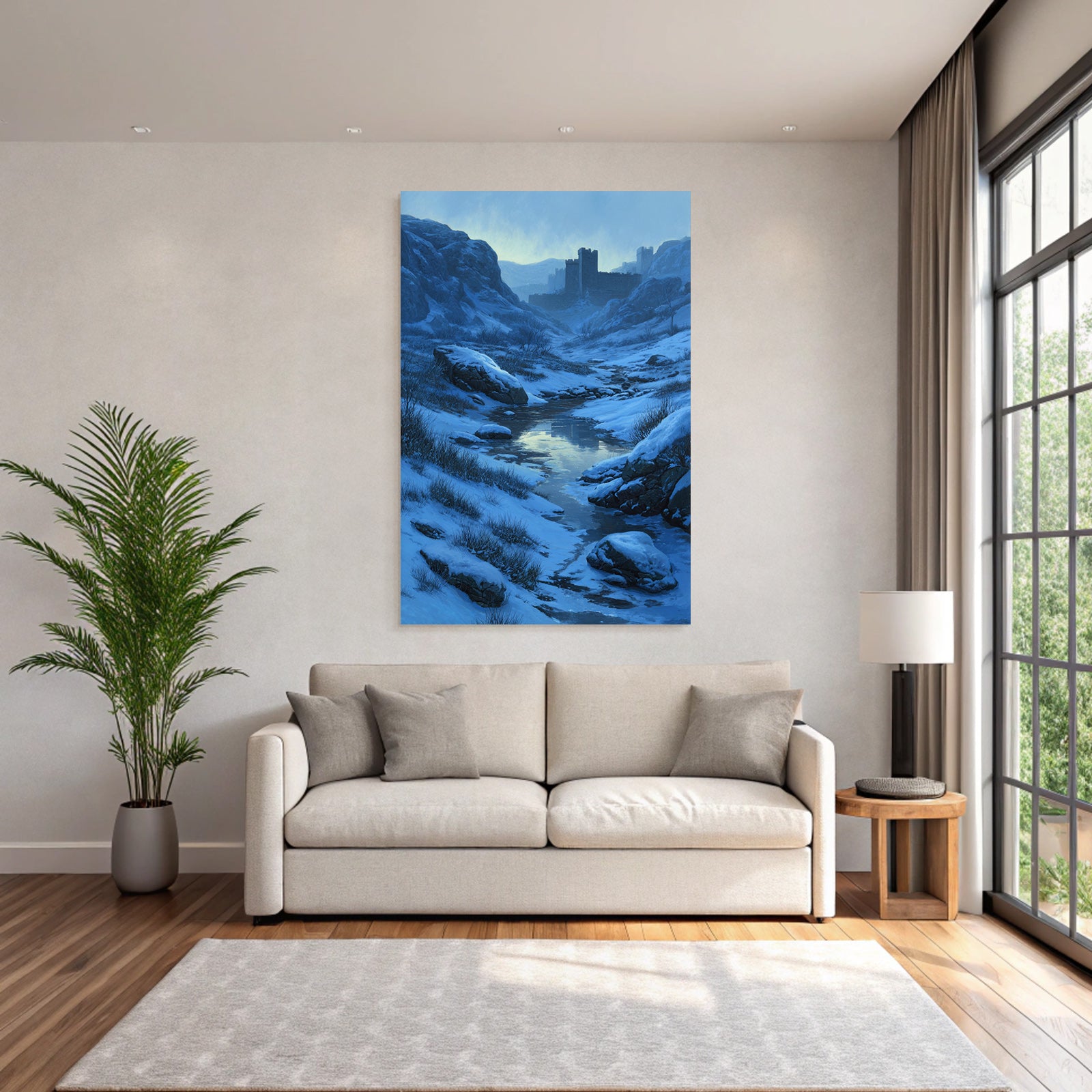 Winterlandschaft Mit Burg Am Vereisten Bachlauf