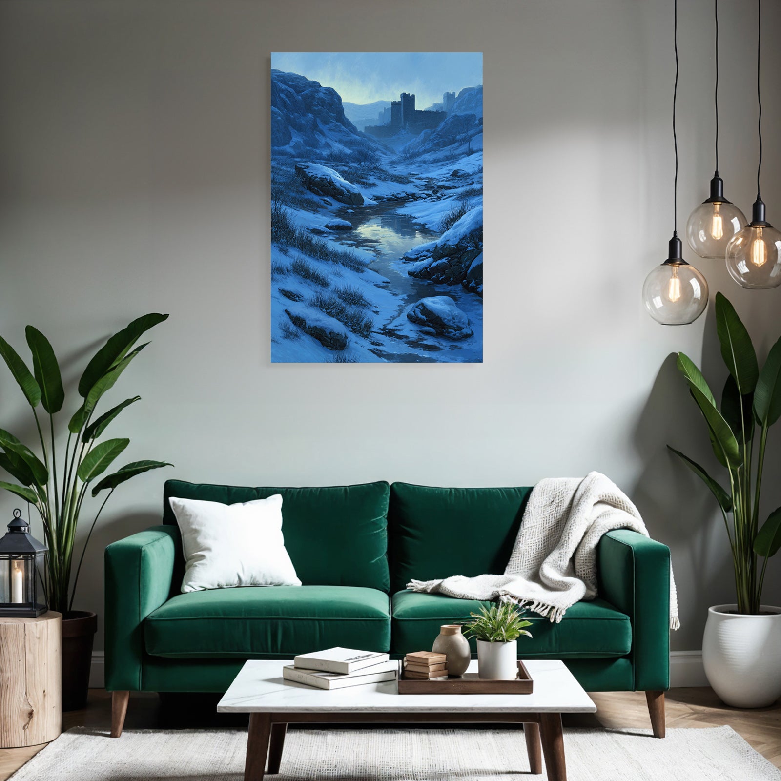 Winterlandschaft Mit Burg Am Vereisten Bachlauf