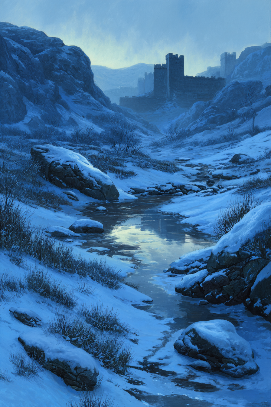Winterlandschaft Mit Burg Am Vereisten Bachlauf | Eis und Schnee | Natur