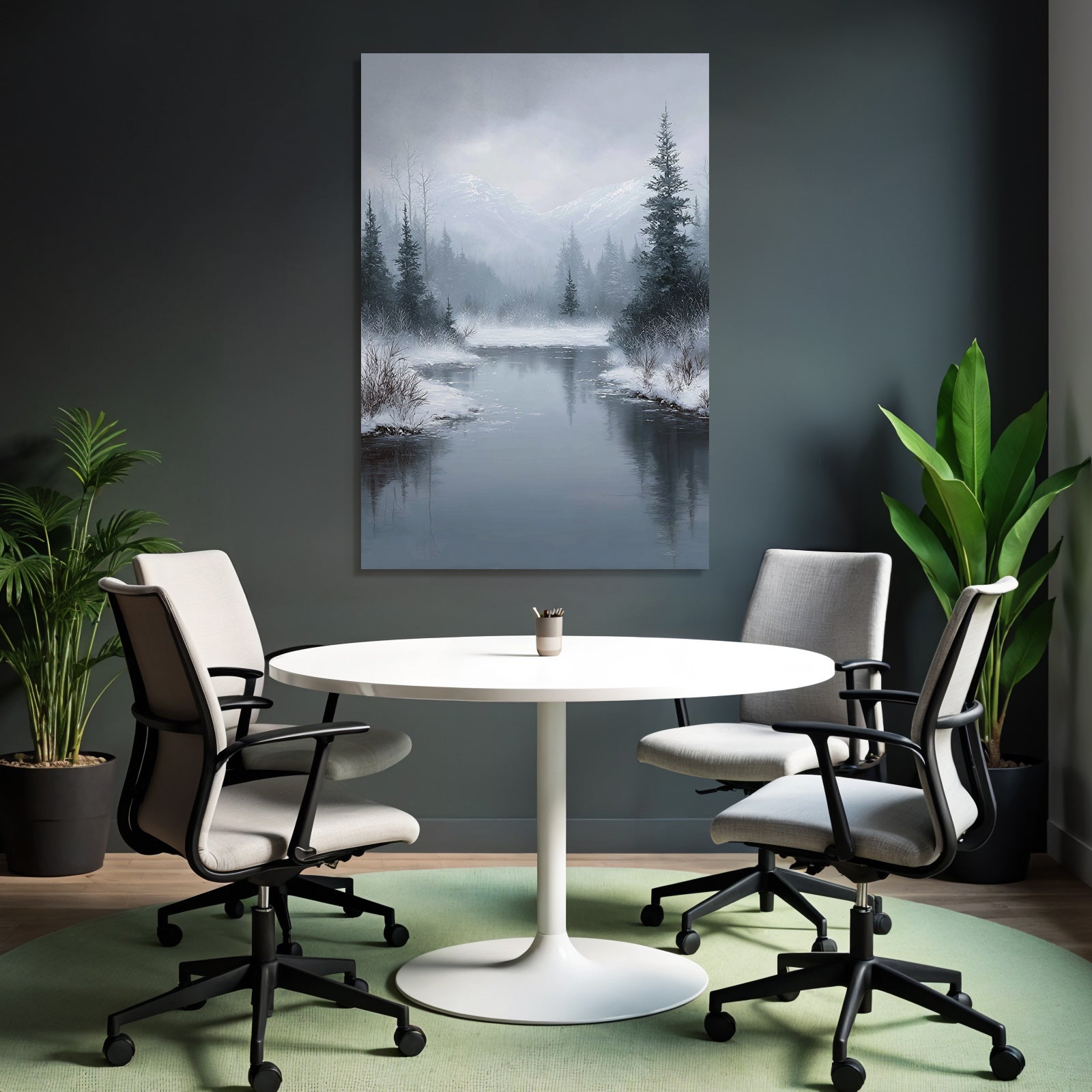 Winterlandschaft Mit Fluss Neblige Berge Und Tannen