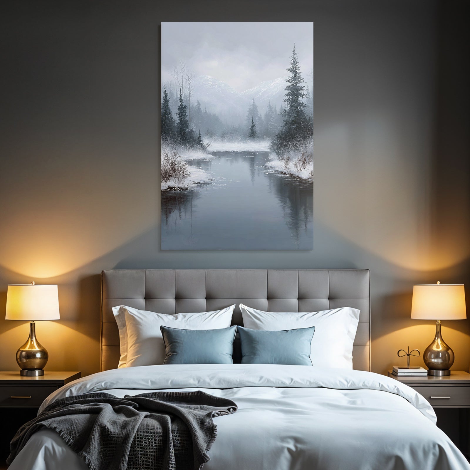 Winterlandschaft Mit Fluss Neblige Berge Und Tannen