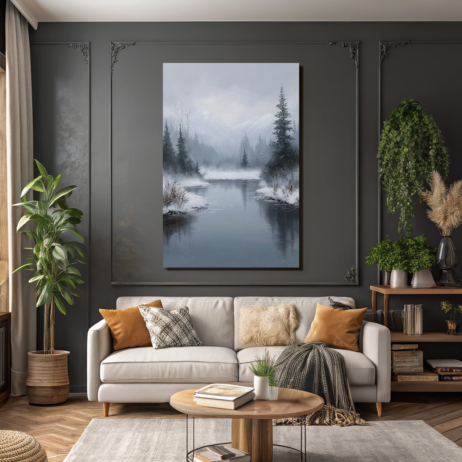 Winterlandschaft Mit Fluss Neblige Berge Und Tannen