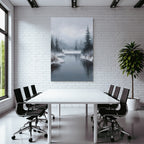 Winterlandschaft Mit Fluss Neblige Berge Und Tannen