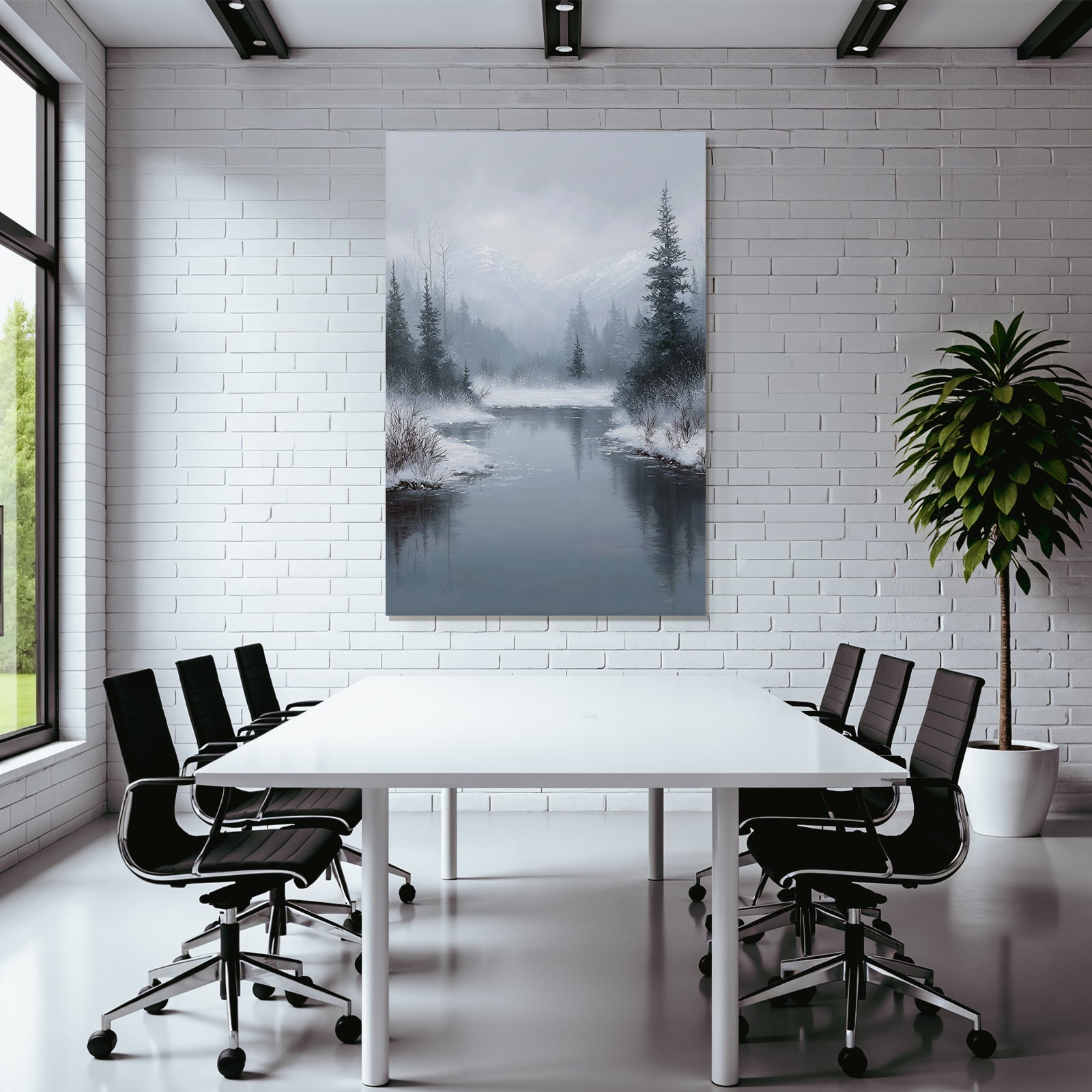 Winterlandschaft Mit Fluss Neblige Berge Und Tannen