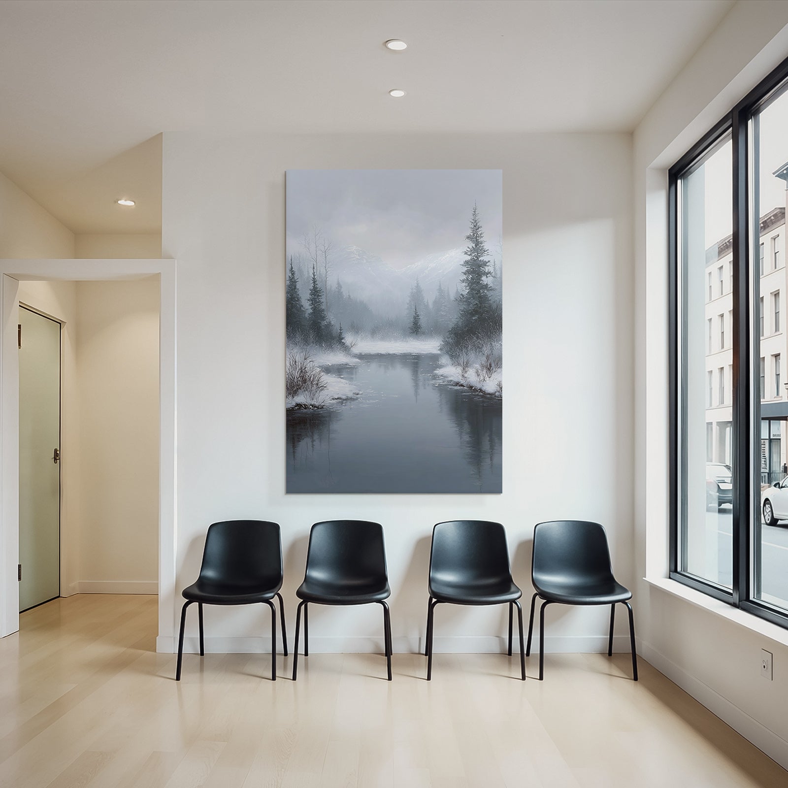 Winterlandschaft Mit Fluss Neblige Berge Und Tannen