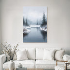 Winterlandschaft Mit Fluss Neblige Berge Und Tannen