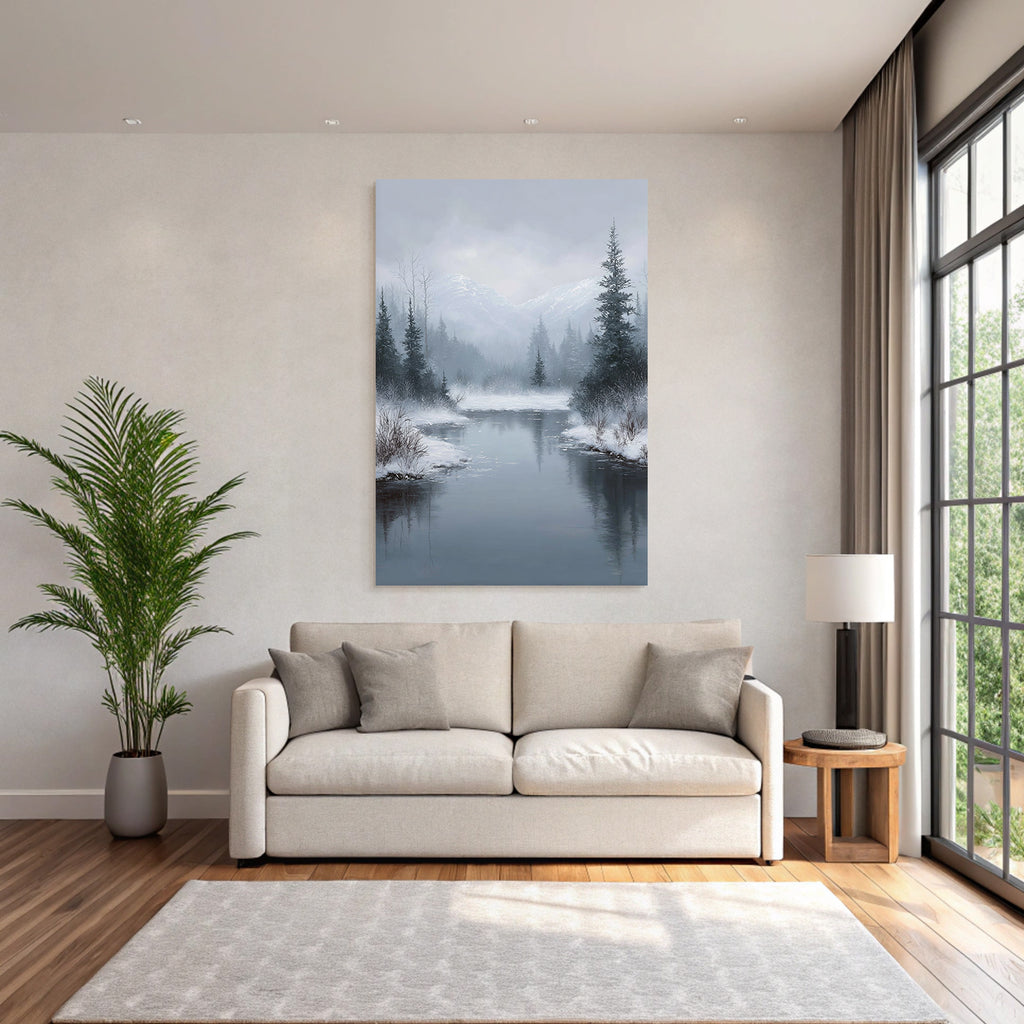 Winterlandschaft Mit Fluss Neblige Berge Und Tannen