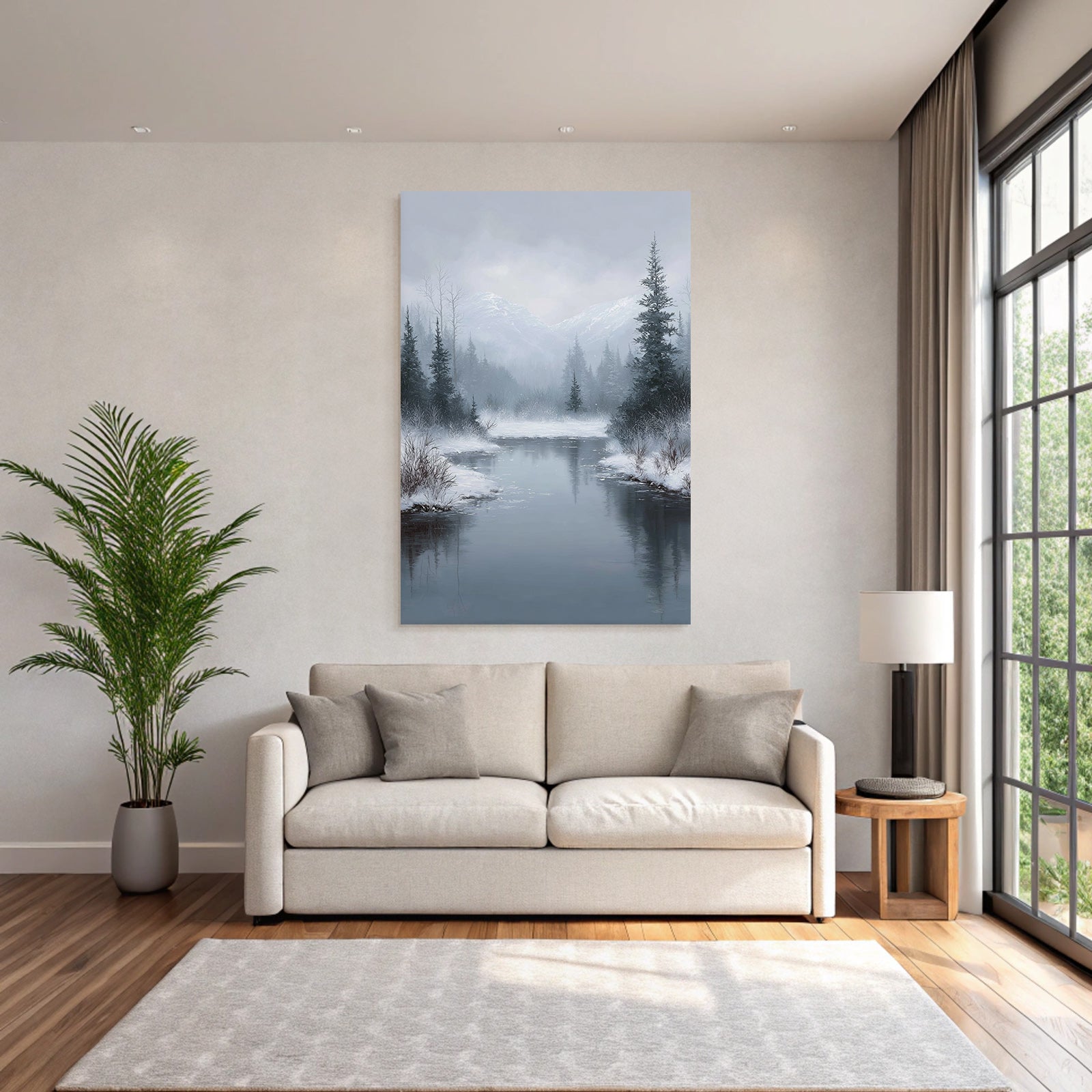 Winterlandschaft Mit Fluss Neblige Berge Und Tannen