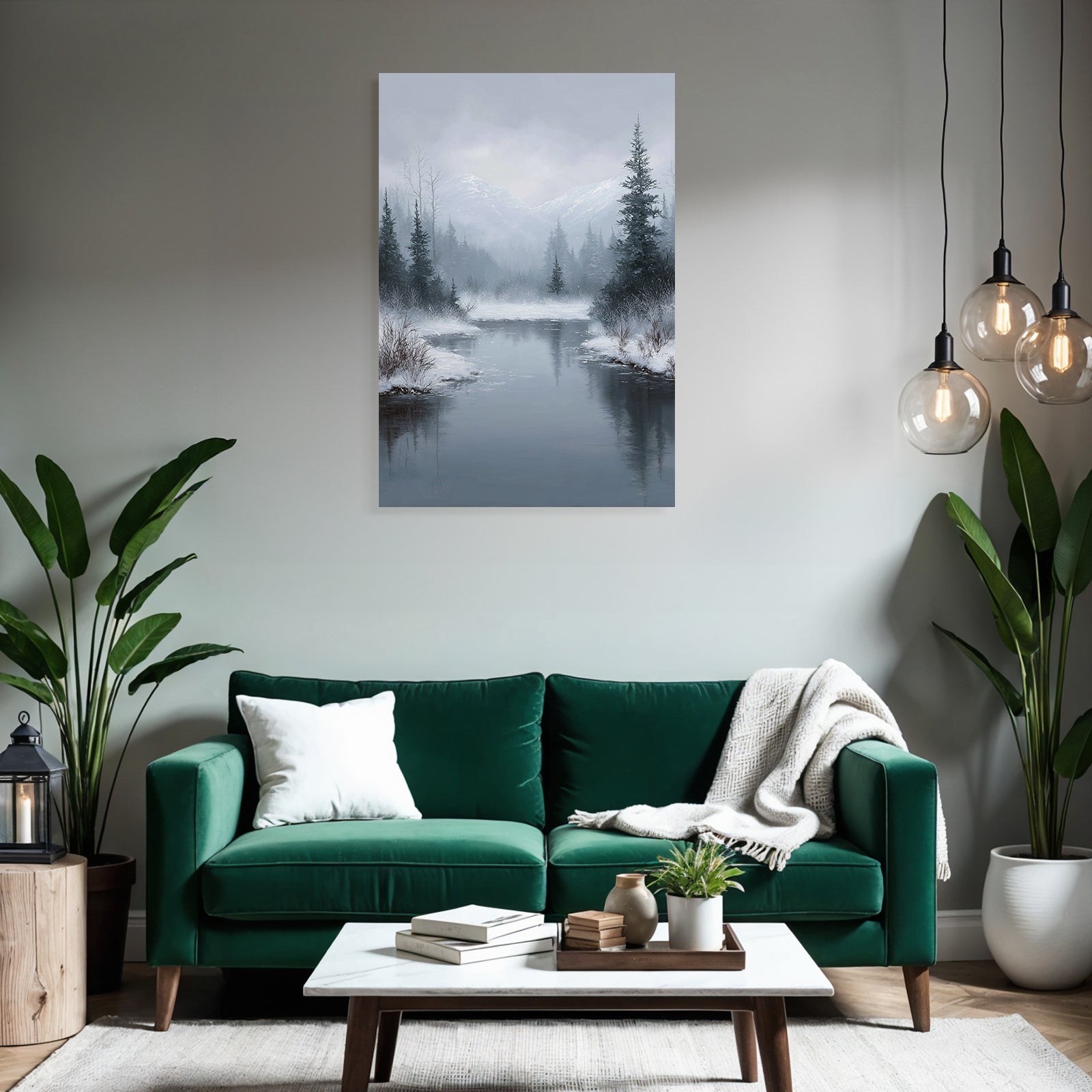 Winterlandschaft Mit Fluss Neblige Berge Und Tannen
